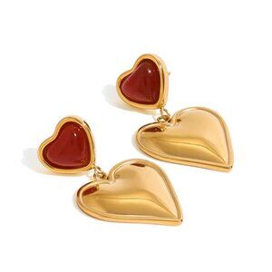 18k Gold Plated Stainless Steel Red Agate Heart Earrings